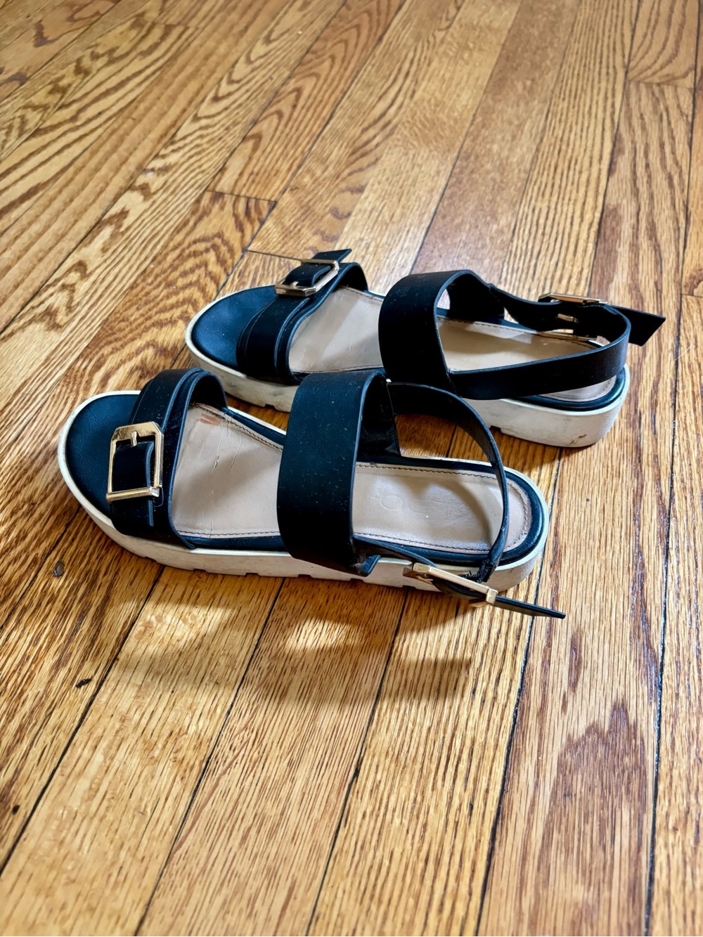 Aldo Black Strappy Platform Sandals with Gold Buckles
